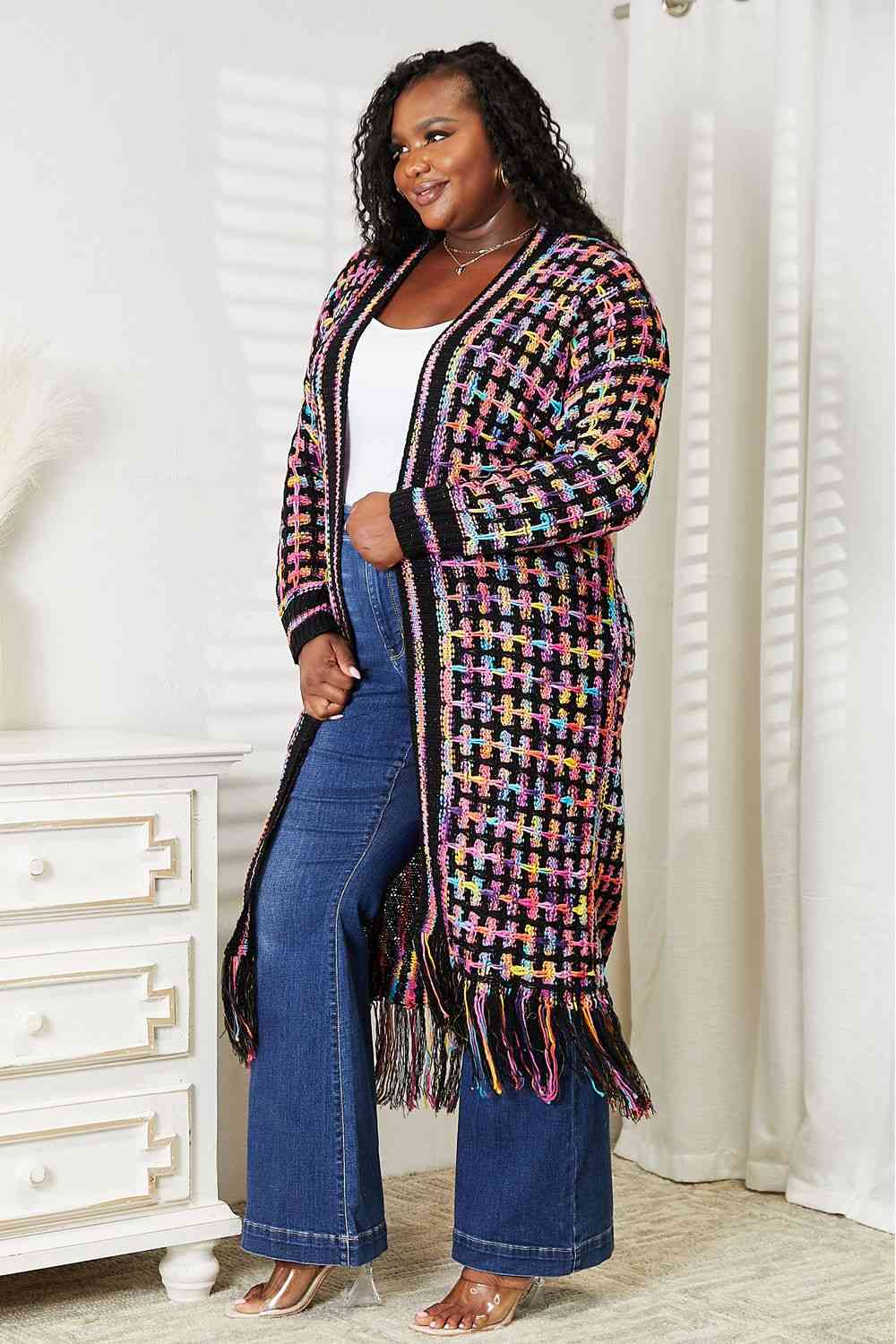 Double Take Full Size Multicolored Open Front Fringe Hem Cardigan